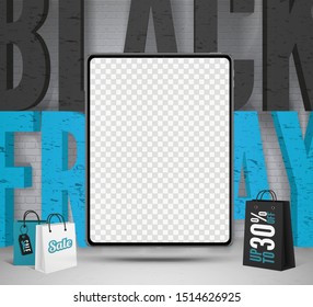 Black friday tablets sale vector banner template. Portable gadget with transparent screen. Trendy lettering on brick wall background. Digital devices seasonal clearance social media post design
