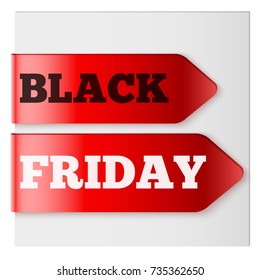 Black friday tag ribbons. Label and Sticker for web shop goods. Realistic modern style. Vector Isolated on white background.