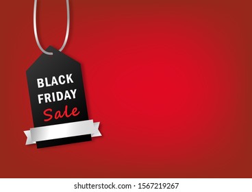 Black Friday tag sale on red background with copy space for art template design, brochure, banner, poster, badge. Concept of online shopping and advertising for seasonal promotion. Vector illustration