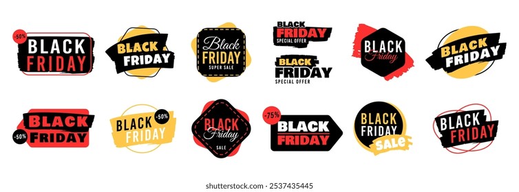 Black Friday tag set. Banner special offer, sale emblems. Icon deal discount collection. Sticker label gift. Design price shopping. Card promotion. Marketing promotion vector garish coupon advertising