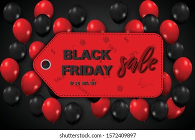 Black Friday tag with shiny balloons background as business , discount , promotion and Sale Poster concept. Vector illustration.