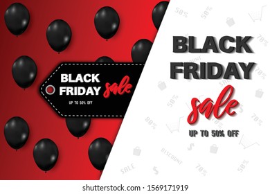 Black Friday tage with shiny balloons background as business , discount , promotion and Sale Poster concept. Vector illustration.