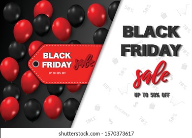 Black Friday tage with shiny balloons background as business , discount , promotion and Sale Poster concept. Vector illustration.