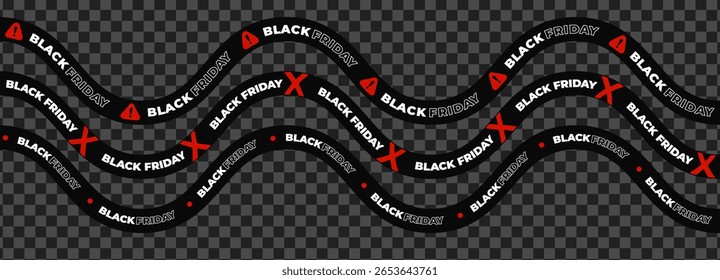 Black Friday tape with warning icons, alert signs, bold text on wavy ribbon. Urgency, danger, clearance promotion for high-impact campaigns. Flat vector illustration.