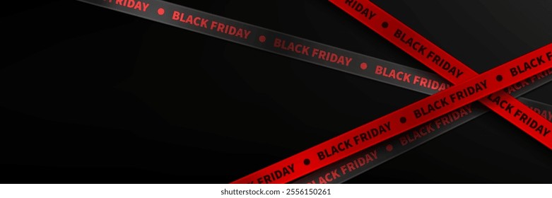 Black Friday tapes isolated on black background. Vector realistic illustration of store announcement about holiday sale or discounts with red ribbon, shopping banner layout with blank space for text