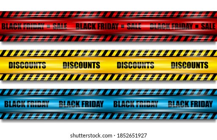 Black Friday tapes, realistic red, yellow and blue ribbon with highlights on white isolated background, vector illustration