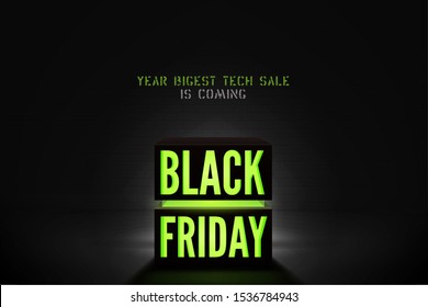 Black Friday tech sale vector banner concept. Green neon light discount offer on black background. Trendy electronics special price promo with glowing text. Seasonal clearance poster design