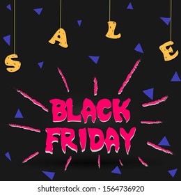 Black Friday. Template, Banner of the black friday is Vector illustration. Black, pink, yellow and blue colors.