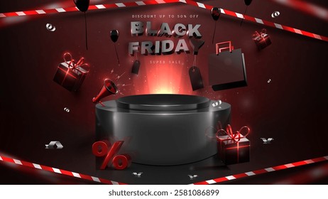 Black Friday template with a blank black stand decorated with realistic 3D elements such as balloons, ribbons, megaphones, gift boxes, discount signs and %.