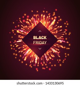 Black friday template with bursting fireworks decoration. Traditional Christmas shopping advertising. Realistic fireworks explosion and shining sparks. Special store event vector illustration