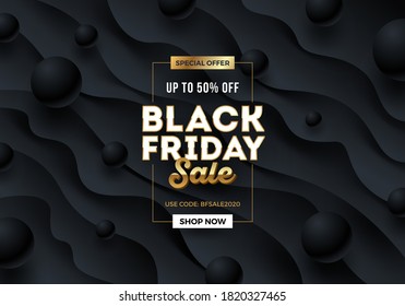Black friday template design with black fluid wavy layered shape and black spheres. Design for black friday banner, poster, flyer, promo. Vector illustration.