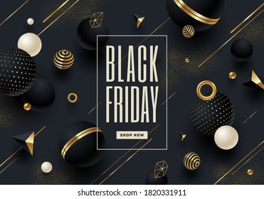 Black friday template design with black and gold geometric shape and elements. Design for black friday banner, poster, flyer, promo.