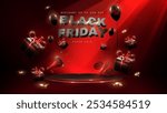 Black Friday template with empty red podium decorated with realistic 3D elements such as balloons, ribbons, megaphones, gift boxes and %.