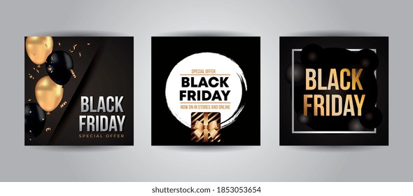 Black Friday template set with balloons and gift. vector illustration