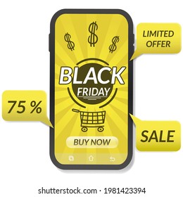 black friday template with black smartphone and discount percent, sales design, mobile phone concept advertising, isolated background.