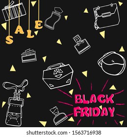 Black Friday Template Vector, Design for Card or Banner. Black, pink, yellow and white colors.Bags and perfume sale
