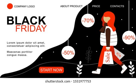Black friday, Template for web site banner. Vector flat illustration with purchases and buyer. Woman with shopping bags.