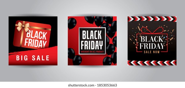 Black Friday templates set with card with bow balloons and gift concept . vector illustration