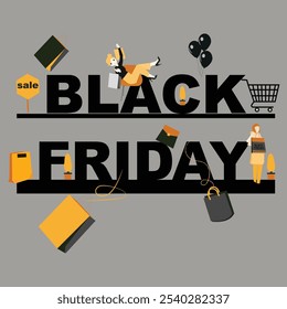 Black Friday Texto com conceito abstrato com elementos Black Friday . saco de compras, bolsa, sinal de venda, carrinho, menina compras para compras on-line e promoções