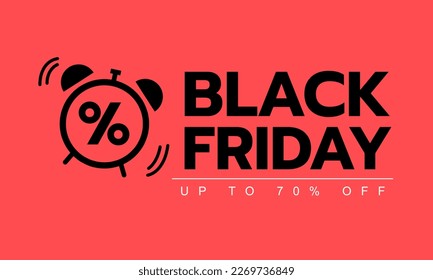 Black friday text and alarm clock on red background, Black Friday Sale, Up to 70% off
