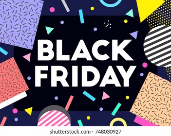 Black Friday text banner. Holiday shopping. Memphis pattern. Retro, vintage 80s, 90s style. Vector artwork. Blue, black, pink, yellow, beige, blue, purple colors. Logo, label, branding. Print, poster