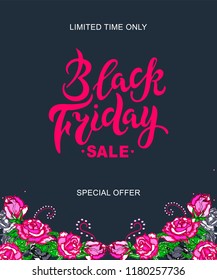 Black Friday text for banner, logo, badge, web, poster. Handwritten lettering Black Friday. Discount time. Vector illustration. Background with pink rose.