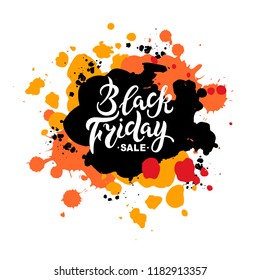 Black Friday text for banner, logo, badge, web, poster. Handwritten lettering Black Friday. Discount time. Vector illustration isolated on background with splash.