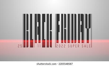 Black Friday text in barcode style on white background with scaner glow red line. Vector futuristic sale concept light gray background. 25 november super sale