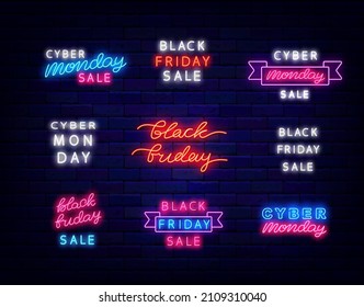 Black friday text collection. Cyber monday sale neon label lettering. Luminous logo. Outer glowing effect inscription. Shiny sign. Editable stroke. Vector stock illustration