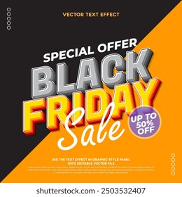 Diseño de Anuncio de venta de efecto de texto de Black Friday para Web o redes sociales. Plantilla de fondo de descuento. Precio de cartel, etiqueta, diseño de volante. Ilustración vectorial