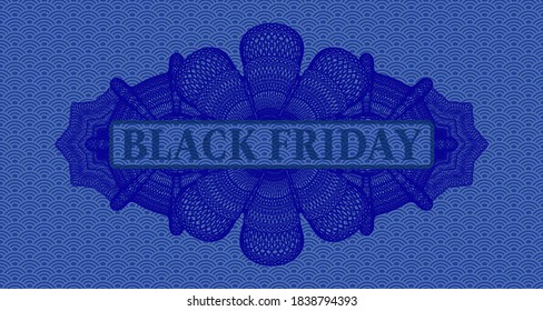Black friday text inside Currency blue japanese style pattern realistic emblem. Geometric exquisite background. Artistic illustration. 