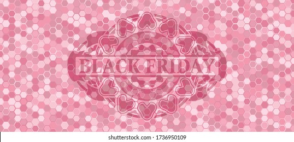 Black friday text inside pink tiles mosaic style pattern realistic badge. Geometric hexagon fancy background. Artistic illustration. 