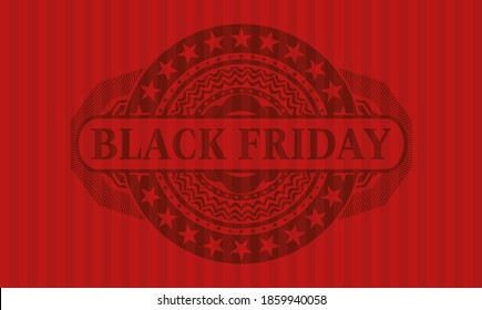 Black friday text inside red realistic badge. Bars graceful background. Vector illustration. 