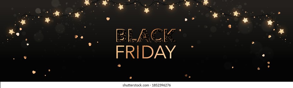 Black Friday text lettering on dark background with glitter gold confetti, bokeh and glowing lights garland. Super Merry Christmas sale. Vector Illustration, realistic vector banner