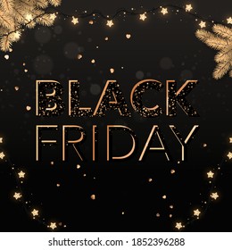 Letras de texto del Black Friday sobre fondo oscuro con confitis de oro brillante, bokeh, ramas de abeto dorado y garland de luces brillantes. SuperFeliz venta navideña. Ilustración vectorial, vector realista