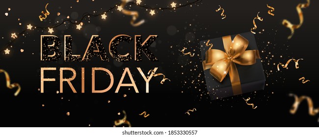 Black Friday text lettering on dark background with black gift box, golden ribbons, decoration, confetti  and glowing lights garland. Super Merry Christmas sale. Vector Illustration, realistic banner