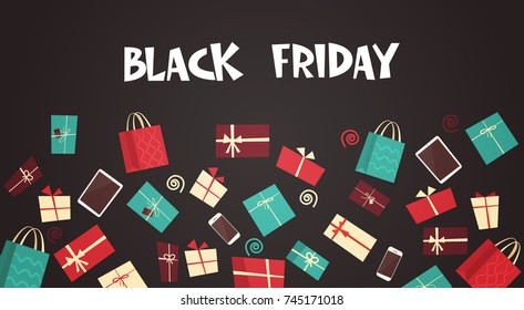 Black Friday Text On Background With Different Gift Boxes Big Holiday Discount Banner Concept Flat Vector Illustration