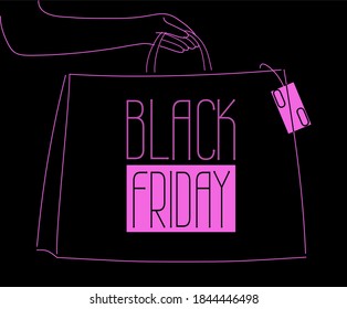 black friday text on bag with badge and hand