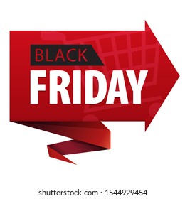 Black Friday text on red ribbon banner arrow shaped icon isolated on white background. Vector illustration