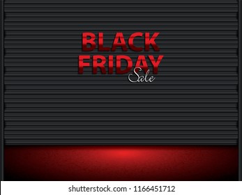 Black Friday text on black storage door.Black friday sale layout background, vector illustration