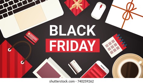 Black Friday Text On Workplace Desk With Computer Keyboard Above View Background Holiday Discount Poster Design Flat Vector Illustration