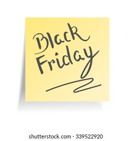 Black Friday text on a yellow sticker. Hand lettering. Vector illustration