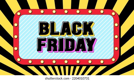Black Friday text, online verkauf. Vorlage von Text-Banner mit dem Werbebegriff Black Friday Innen-Rahmen mit Lampen. Zitat und Slogan, Vektortypografie mit fett gedruckten 3D-Buchstaben, kreatives Pop-Art-Design