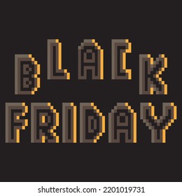 Schwarzer Freitag-Text mit Pixelkunst auf schwarzem Hintergrund. 