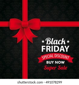 Black Friday text with red ribbon on the black background with ornaments. Eps 10 vector file.