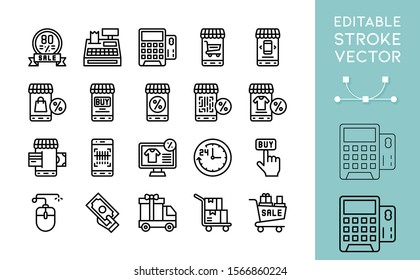 Black friday theme shopping online and sale icon set, editable outline