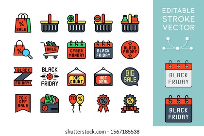 Black friday theme shopping online and sale icon set, editable outline