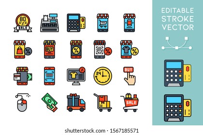 Black friday theme shopping online and sale icon set, editable outline