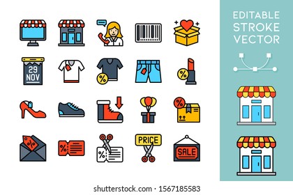 Black friday theme shopping online and sale icon set, editable outline
