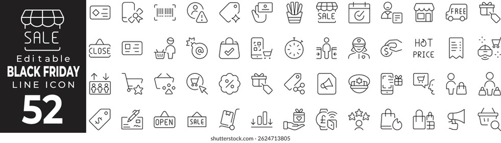 Black Friday Thin Line Icon Set – Shopping, Discounts, Sale Event